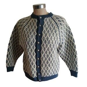 Vintage Denmark Hand Knit Wool Sweater Unisex Sz Sm-Med Blue/Cream